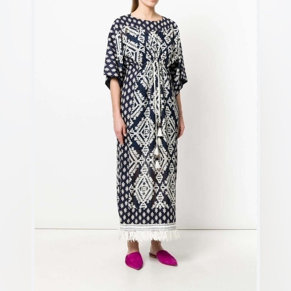 NEW Tory Burch Beatrice Dress Tapestry GeoCover Up Caftan Dress Fringe Size 4